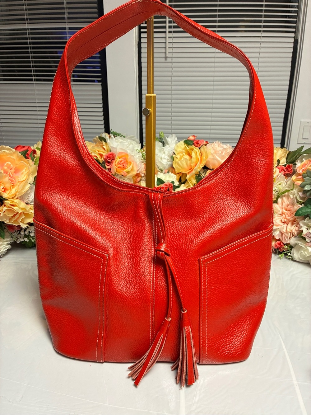 LAGGO Andrea Pebbled Leather Hobo Shoulder Bag Red Tassel Front Pockets Large